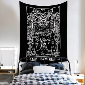 Detail of bohemian tarot tapestry featuring The Lovers pattern in a bedroom setting