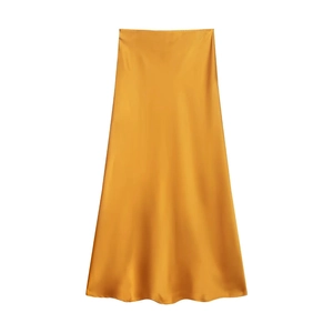 Elegant gold satin midi skirt with glossy silk texture and fluid drape in studio lighting