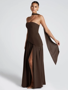 Elegant strapless dark brown maxi dress with high slit and matching neck scarf