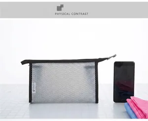 Black mesh waterproof travel toiletry bag with zipper and Radish logo label