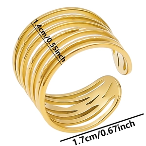 Detail showing dimensions of golden multi-layer open ring with 1.4cm width and 1.7cm diameter