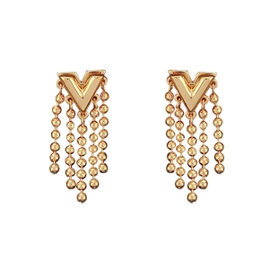 Elegant gold V-shaped chain tassel drop earrings with polished metallic bead fringes