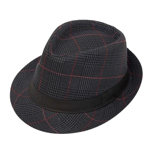 Classic dark grey plaid fedora hat for men with black grosgrain ribbon on white background