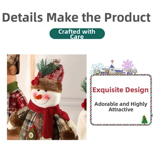 Detail of Christmas snowman plush doll with red knitted scarf and plaid hat decoration