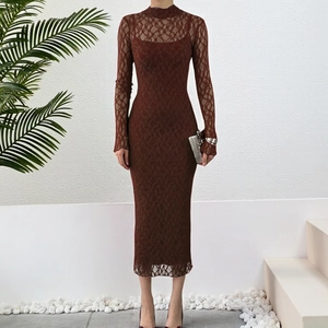 Robe Maxi En Dentelle Transparente Et Caraco Manches Longues Col Haut Épuré Élégant Style De Rue Femmes Vêtements