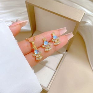 Elegant gold titanium angel necklace and earrings set with opal stones and zircons
