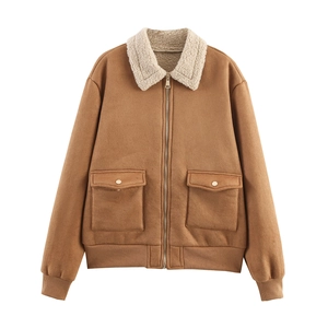 Veste Décontractée en Faux Daim pour Femme Avec Col en Faux Laine d'Agneau Fermeture Éclair Poche Marron Vintage Streetwear