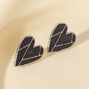 304 stainless steel heart stud earrings with black geometric pattern and silver trim