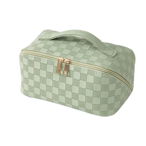Large capacity green checkerboard makeup bag with top handle and gold double zippers