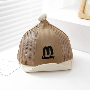Detail of baby sun hat with M Monday embroidery and breathable mesh panels