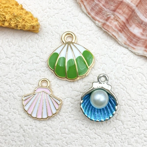 Enamel scallop shell pendants with faux pearls for DIY jewelry making and crafts