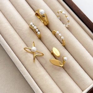 Artificial Pearl Stainless Steel Ring Gold Plated Open Adjustable Geometric Vintage Leaf Jewelry For Women