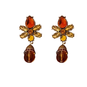 Vintage style floral drop earrings with colorful crystals and amber gemstone pendants