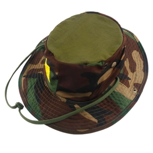 Jungle camo tactical boonie hat with wide brim, metal vents and adjustable chin strap