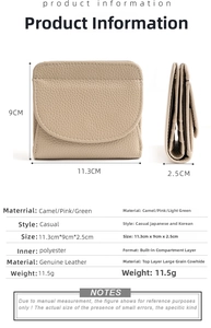 Detailed view of women's leather wallet with precise dimensions and lychee grain texture
