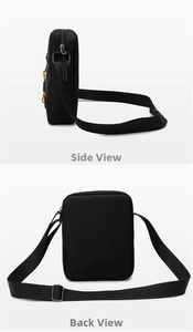 Detail view of black oxford messenger bag showing side and back angles with orange pulls