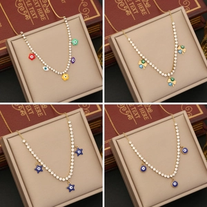 Evil Eye Tennis Necklace Stainless Steel Gold Plated Cubic Zirconia Enamel Clover Star Flower Pendant Necklaces Women