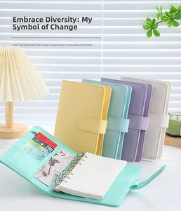 Detail of A6 macaron PU leather binder notebook with 6-ring clips and internal card slots