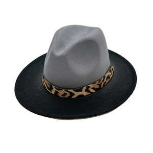 Minimalist grey and black felt fedora hat with leopard print band and metal studs