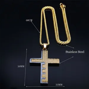 Two-tone stainless steel cross necklace with Lord's Prayer engraving on 60cm box chain