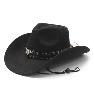 Western Cowboy Hat Suede Felt Bull Head Skull Ethnic Woven Band Retro Vintage Jazz Fedora For Men Women Adjustable