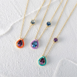 S925 silver gold chain necklaces with checkerboard enamel and teardrop gemstones