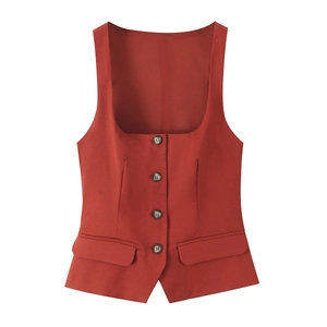 Red square neck vest with four buttons and flap pockets on a clean white background