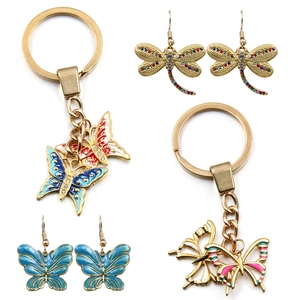 Enamel dragonfly and butterfly jewelry sets with colorful gemstones in gold finish