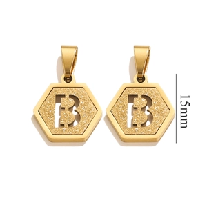 Macro view of 15mm 18K gold stainless steel hexagonal pendant with letter B engraving