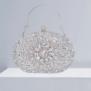 Elegant silver sunflower evening clutch bag with sparkling crystals and metal handle