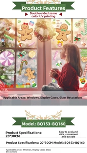 Detail of Christmas window stickers with gingerbread man candy canes and UV printing