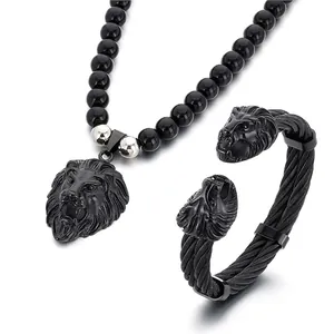 Men Lion Head Jewelry Necklace And Bracelet Black Agate Bead Stainless Steel Hip Hop Punk Style Vintage Accessory