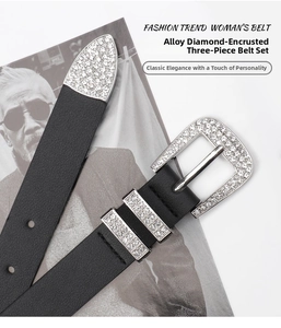 Detailed macro view of Y2K style belt buckle and tip with sparkling rhinestones