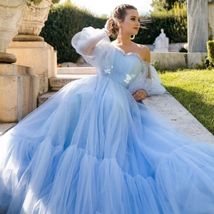 Elegantes hellblaues Tüll-Abendkleid mit floraler Spitzenstickerei und Puffärmeln