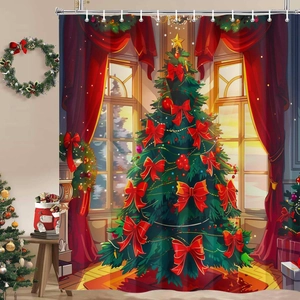 Detail of Christmas shower curtain featuring festive tree with red bows in cozy home setting