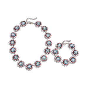 Bohemian jewelry set with pearl sunflowers and turquoise accents in silver finish