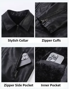 Vue détaillée de la doublure pelucheuse et de la poche intérieure de la veste en cuir pour hommes