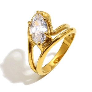 Double layer marquise cut crystal ring in 18K gold plated stainless steel for women