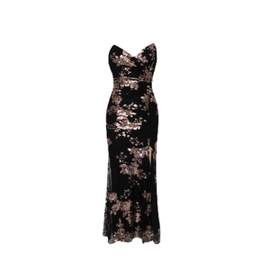 Robe de soirée élégante noire et dorée à paillettes avec fente pour femme chic