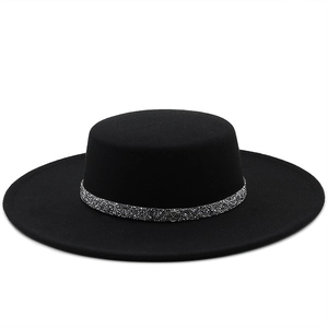 Elegant black wool jazz hat with sparkling rhinestone band and flat top design