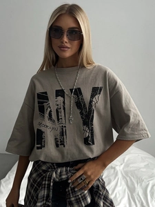 T-shirt rétro gris kaki en coton avec imprimé NY Brooklyn et coupe ample à épaules tombantes