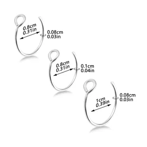 Three sizes of silver stainless steel nose rings with specific thickness and diameter