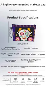 Detail view of linen Day of the Dead makeup bag with skull print and 17x25cm dimensions