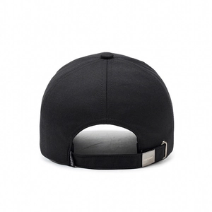 Rear view of black cotton baseball cap with adjustable metal buckle and subtle logo