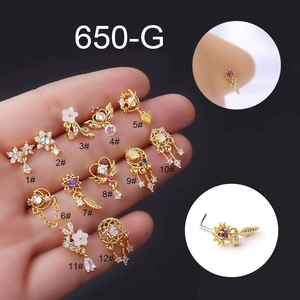 Detailed set of 12 gold stainless steel nose studs featuring opal and zircon stones