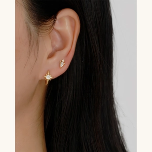 Elegant s925 silver gold star hoop earrings with sparkling zircon on female model