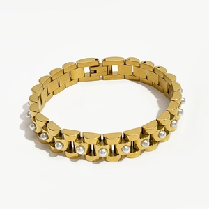 Detail of 18K gold-plated stainless steel watchband bracelet with white pearl inlays