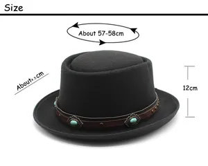 Size chart for black felt boater hat showing 57-58cm circumference and leather trim details
