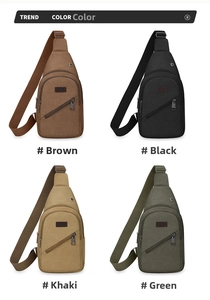 Detail view of canvas chest bag showing headphone jack and color options in four variants