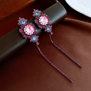 Vintage French floral tassel earrings with pink rhinestones and pearl details